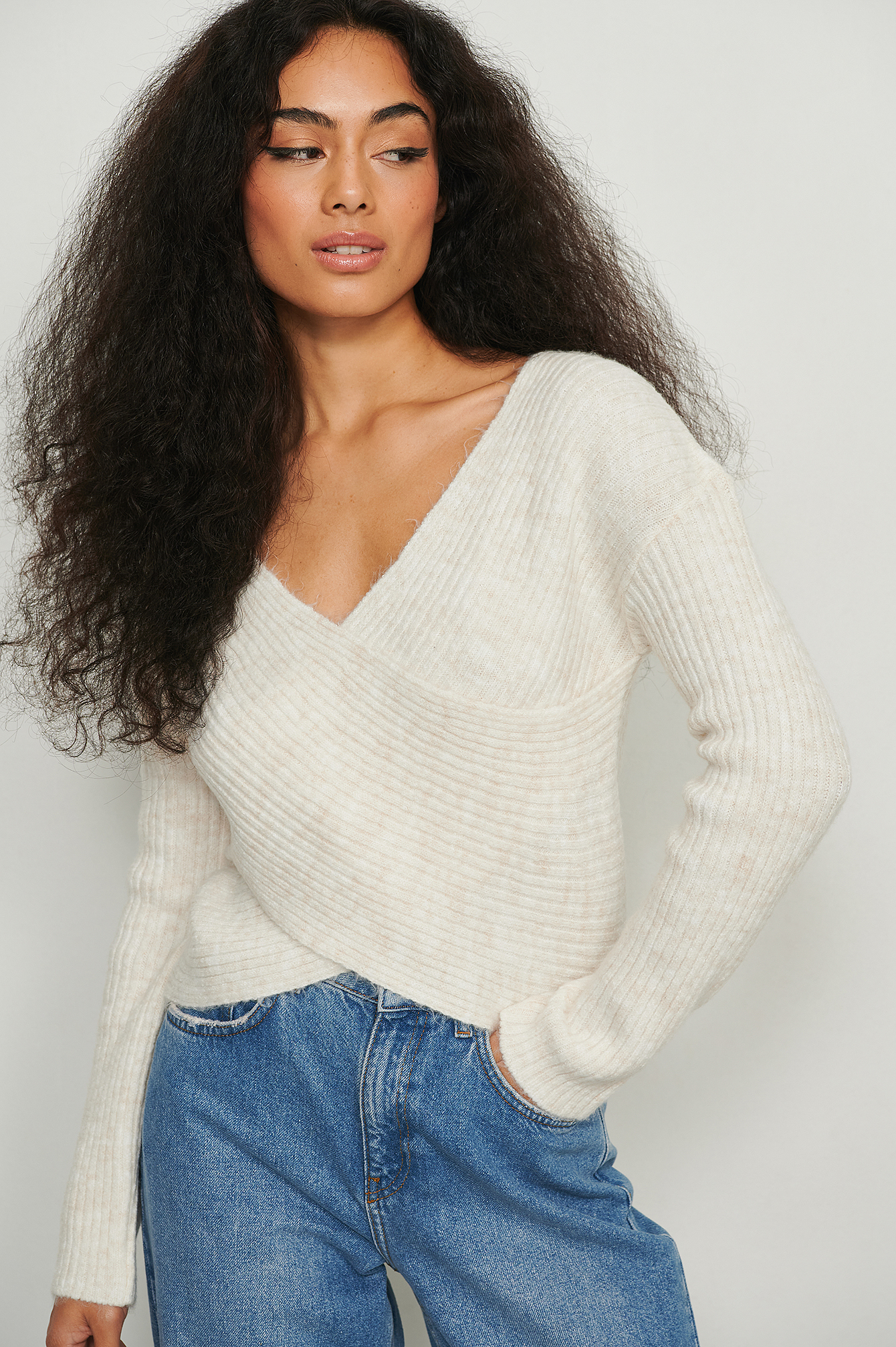 Knitted Wrap Sweater Offwhite | na-kd.com
